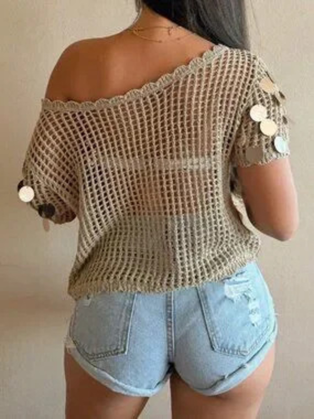 ZARA Sexy Khaki Casual Women's crochet Hollow-Out Crop Top knit Sweater